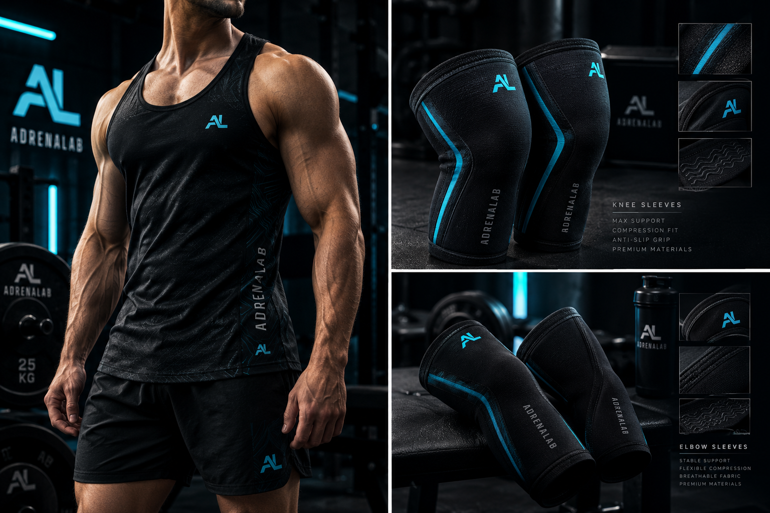 Adrenalab apparel — tank top, shorts, knee and elbow sleeves